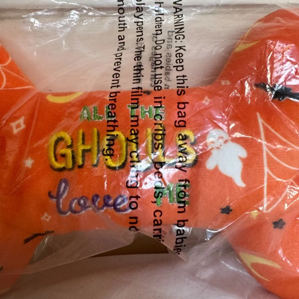 NWT, Frisco Halloween All the Ghouls Love Me Bone, Plush Squeaky Dog Toy, Orange